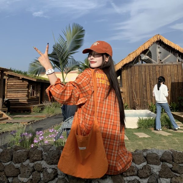 Orange Plaid Long Sleeve Shirt Jacket for Women - Vintage Loose Casual Style for Spring Summer, 90s Inspired Fashion