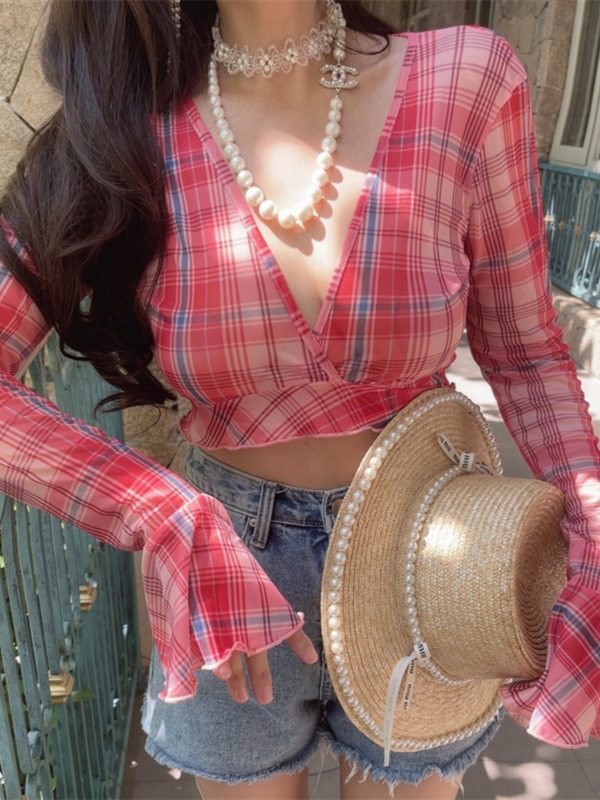 Oversized Slimming Sexy V-Neck Tie Waist Bell Sleeve Short Plaid Shirt for Vacation - Trendy 90s Inspired Style