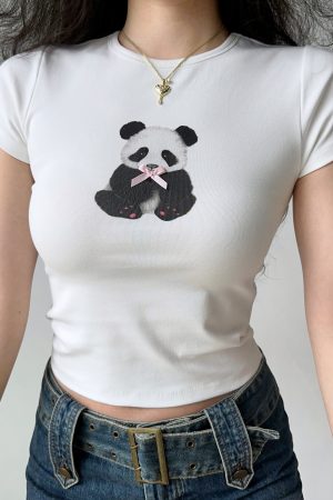Panda Print Summer T-Shirt for Women - European American Style Slim Fit Round Neck Short Sleeve Top