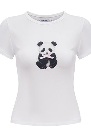 Panda Print Summer T-Shirt for Women - European American Style Slim Fit Round Neck Short Sleeve Top