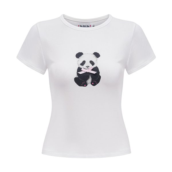 Panda Print Summer T-Shirt for Women - European American Style Slim Fit Round Neck Short Sleeve Top
