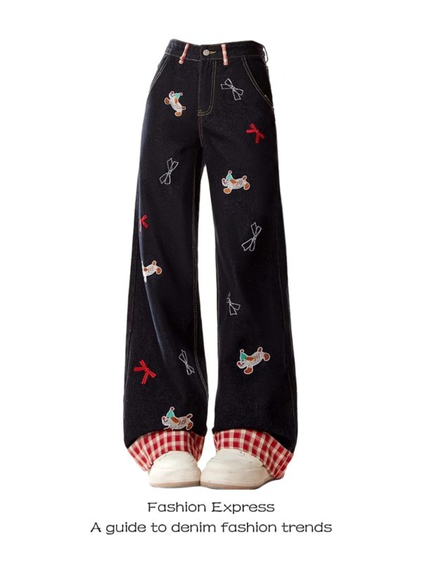 Patchwork Sausage Dog Jeans for Women - Cartoon Design, Wide-Leg Straight Slim Long Pants, American Style, Trendy Spring Fashion