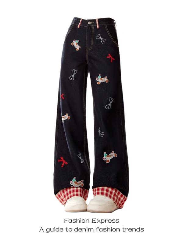 Patchwork Sausage Dog Jeans for Women - Cartoon Design, Wide-Leg Straight Slim Long Pants, American Style, Trendy Spring Fashion