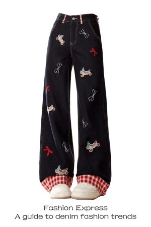 Patchwork Sausage Dog Jeans for Women - Cartoon Design, Wide-Leg Straight Slim Long Pants, American Style, Trendy Spring Fashion