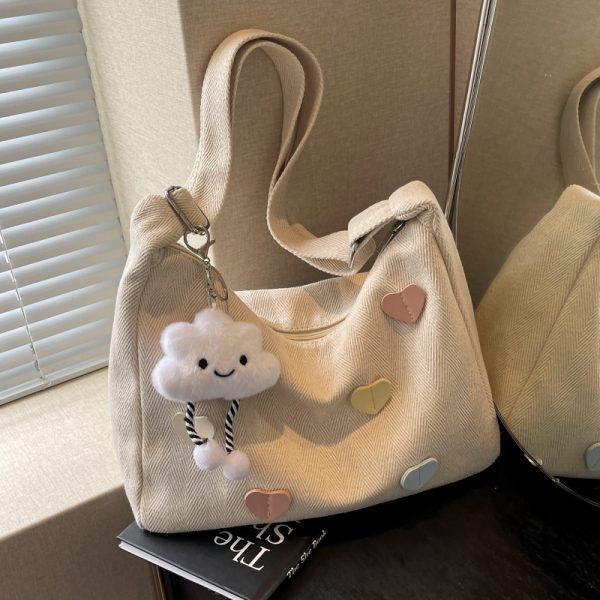 Peach Heart Canvas Underarm Bag for Women, Niche Design Single Shoulder Dumpling Bag, Korean Style Crossbody for Students