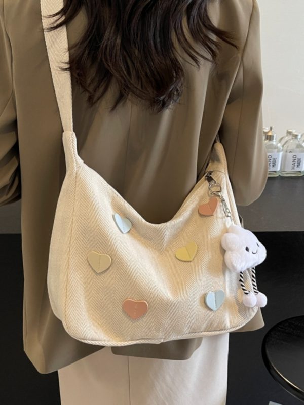 Peach Heart Canvas Underarm Bag for Women, Niche Design Single Shoulder Dumpling Bag, Korean Style Crossbody for Students