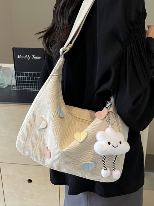 Peach Heart Canvas Underarm Bag for Women, Niche Design Single Shoulder Dumpling Bag, Korean Style Crossbody for Students