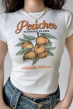 Peach Print White Shoulder T-shirt for Women - Summer Slim Fit Short Sleeve Top in European American Style, Perfect for Y2K Fashion