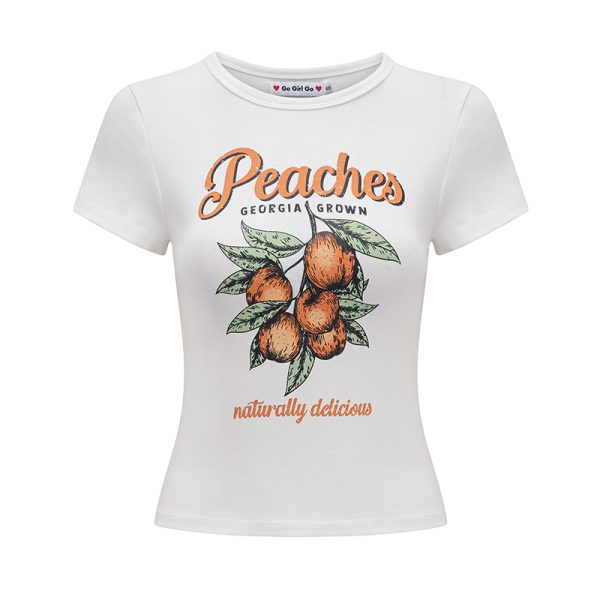 Peach Print White Shoulder T-shirt for Women - Summer Slim Fit Short Sleeve Top in European American Style, Perfect for Y2K Fashion