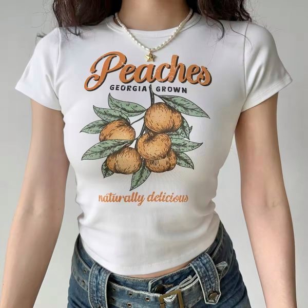 Peach Print White Shoulder T-shirt for Women - Summer Slim Fit Short Sleeve Top in European American Style, Perfect for Y2K Fashion