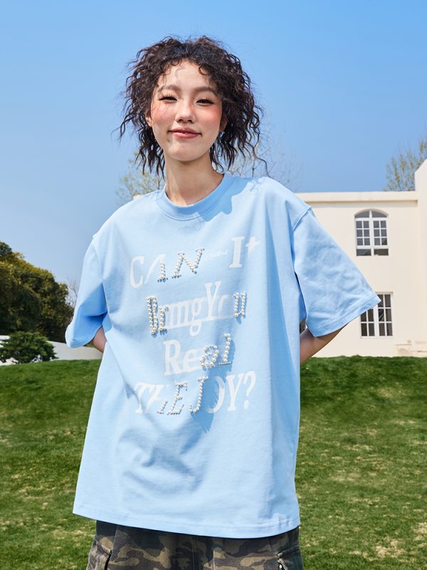 Pearl Letter Unisex Short Sleeve T-Shirt - Vintage American Style, Heavyweight, Trendy 2025 Summer Fashion