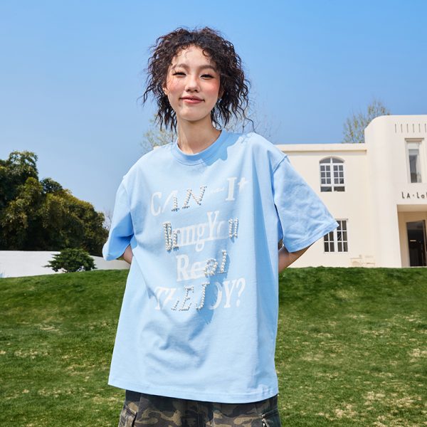 Pearl Letter Unisex Short Sleeve T-Shirt - Vintage American Style, Heavyweight, Trendy 2025 Summer Fashion