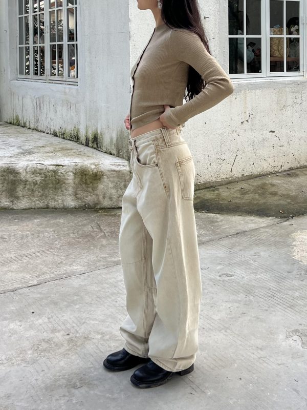 Petite High-Waisted Loose Slim Long Pants in Dirty Beige - Trendy Y2K Style for Women