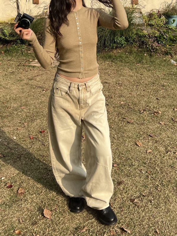 Petite High-Waisted Loose Slim Long Pants in Dirty Beige - Trendy Y2K Style for Women