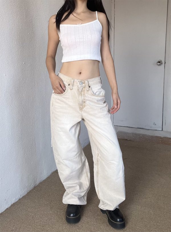 Petite High-Waisted Loose Slim Long Pants in Dirty Beige - Trendy Y2K Style for Women