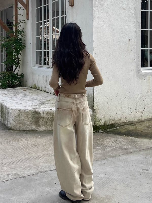Petite High-Waisted Loose Slim Long Pants in Dirty Beige - Trendy Y2K Style for Women