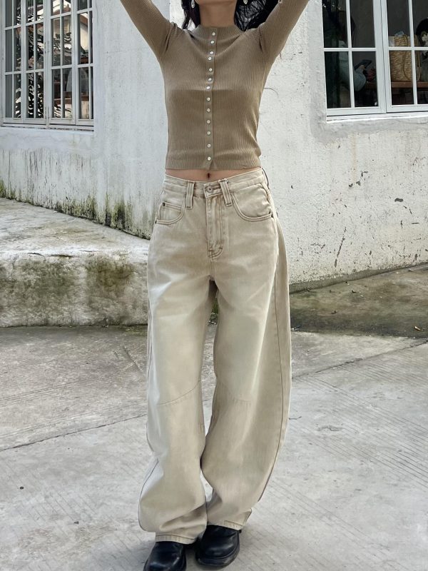 Petite High-Waisted Loose Slim Long Pants in Dirty Beige - Trendy Y2K Style for Women
