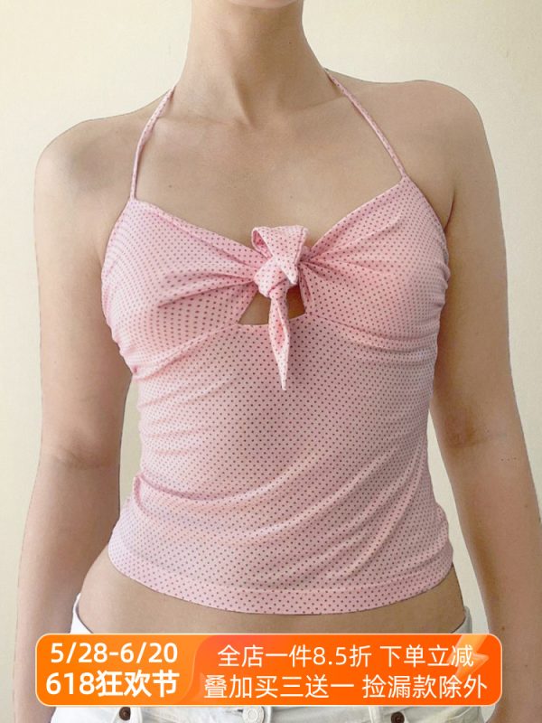 Pink Beauty Hollow Out Twisted Polka Dot Cami Women's Slim Fit Halter Top - French Design, White-Enhancing, Chic Summer Style