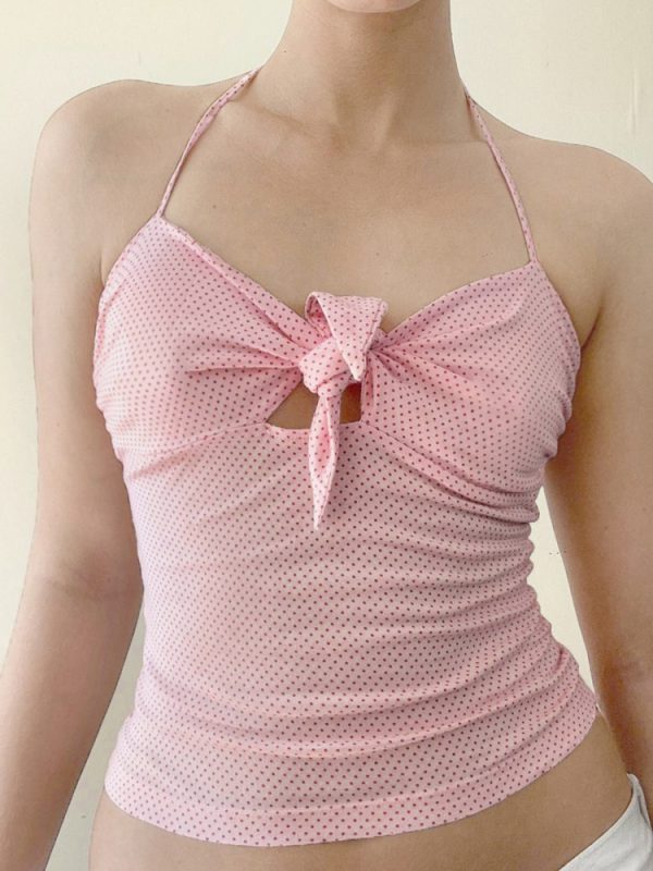 Pink Beauty Hollow Out Twisted Polka Dot Cami Women's Slim Fit Halter Top - French Design, White-Enhancing, Chic Summer Style