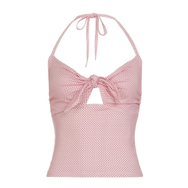 Pink Beauty Hollow Out Twisted Polka Dot Cami Women's Slim Fit Halter Top - French Design, White-Enhancing, Chic Summer Style