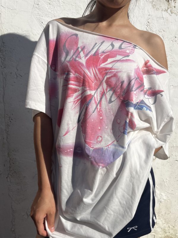 Pink Floral Print Off-Shoulder Short Sleeve Casual Asymmetrical T-Shirt for Women - Vintage Style, Versatile 90s Inspired Fashion