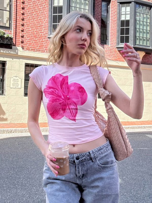 Pink Floral Print Short-Sleeve T-Shirt for Women, Versatile Slim-Fit Waist-Cinching Top, Vacation Style, Y2K Fashion