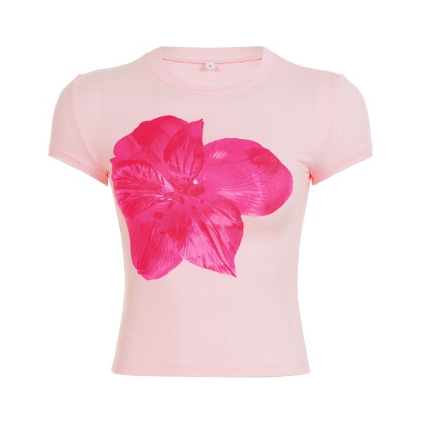 Pink Floral Print Short-Sleeve T-Shirt for Women, Versatile Slim-Fit Waist-Cinching Top, Vacation Style, Y2K Fashion