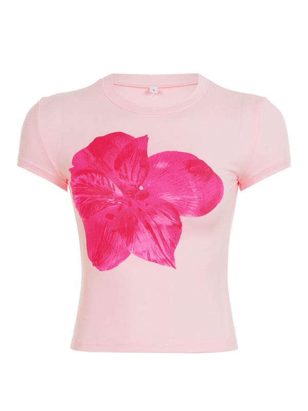 Pink Floral Print Short-Sleeve T-Shirt for Women, Versatile Slim-Fit Waist-Cinching Top, Vacation Style, Y2K Fashion