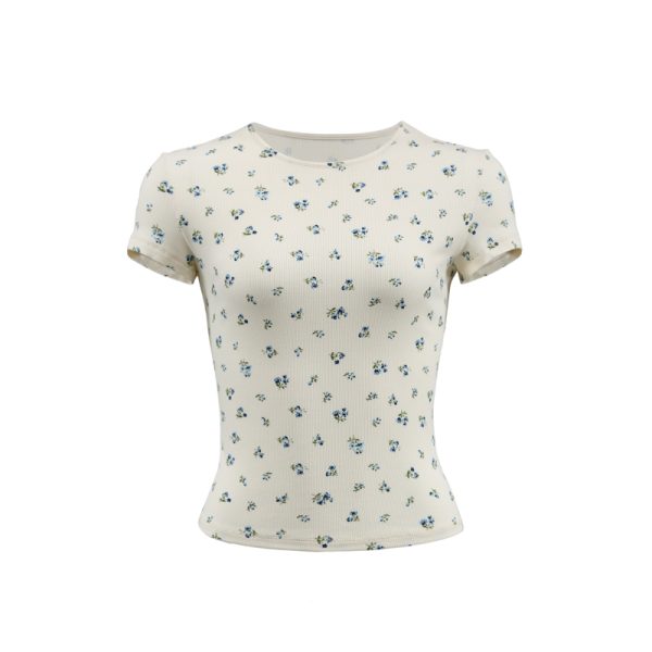 Pink Floral Slim-Fit Short Sleeve T-Shirt for Women - French Print Tight-Fitting Tee for Hot Girls, Y2K Style