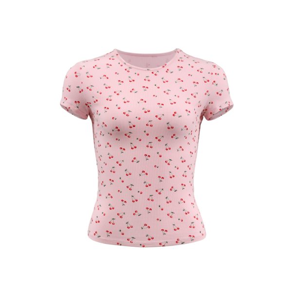Pink Floral Slim-Fit Short Sleeve T-Shirt for Women - French Print Tight-Fitting Tee for Hot Girls, Y2K Style