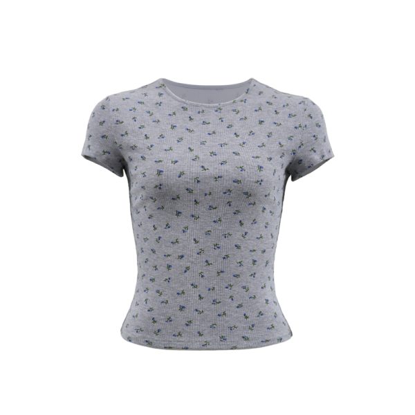 Pink Floral Slim-Fit Short Sleeve T-Shirt for Women - French Print Tight-Fitting Tee for Hot Girls, Y2K Style