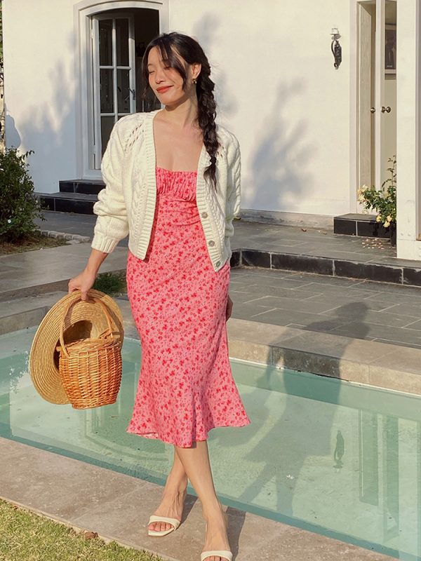 Pink Floral Spaghetti Strap Mermaid Dress - Fitted Vintage-Inspired Tank Top with French Print - Elegant Summer Fashion