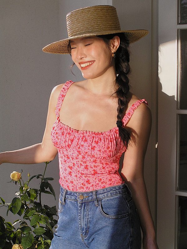 Pink Floral Spaghetti Strap Mermaid Dress - Fitted Vintage-Inspired Tank Top with French Print - Elegant Summer Fashion