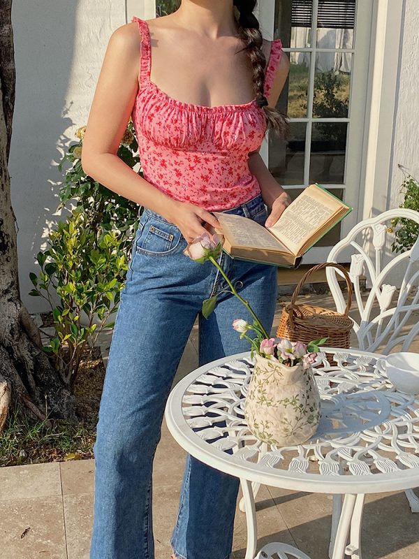 Pink Floral Spaghetti Strap Mermaid Dress - Fitted Vintage-Inspired Tank Top with French Print - Elegant Summer Fashion