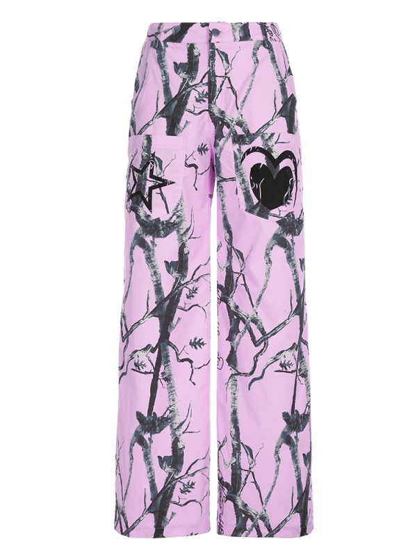 Pink Graffiti Wide-Leg Cargo Pants for Women - Versatile Loose Casual Draped Streetwear, Trendy Dance Style