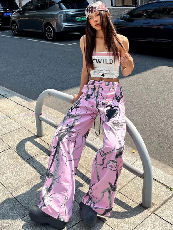 Pink Graffiti Wide-Leg Cargo Pants for Women - Versatile Loose Casual Draped Streetwear, Trendy Dance Style