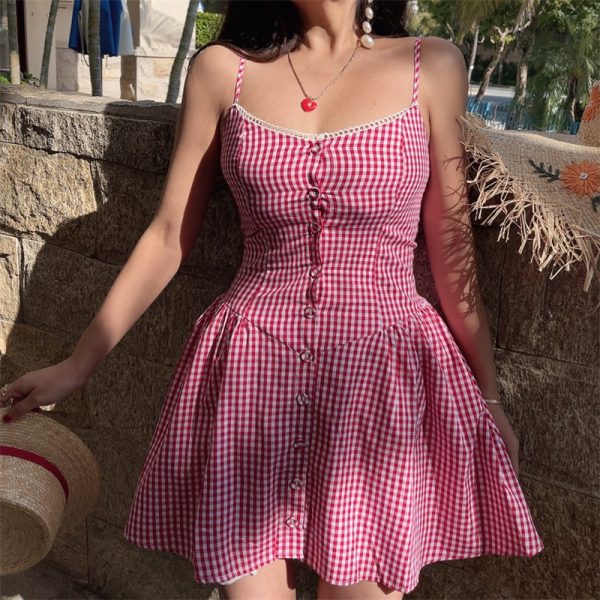 Pink Plaid Waist-Defined Button Cami Dress - Handmade French Vintage Style for Spring/Summer 2025, Perfect for Holiday Looks