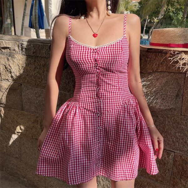 Pink Plaid Waist-Defined Button Cami Dress - Handmade French Vintage Style for Spring/Summer 2025, Perfect for Holiday Looks