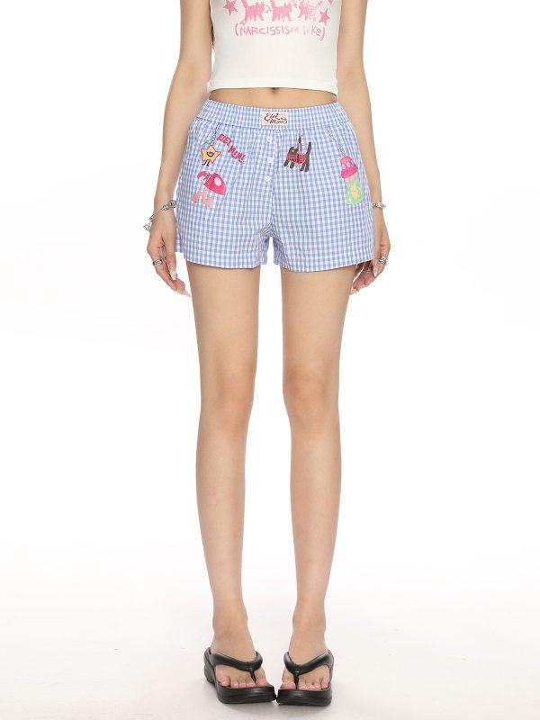 Plaid Cartoon Print Beach Shorts for Women - Summer Casual Versatile Hot Pants in Lazy Style, Y2K Inspired