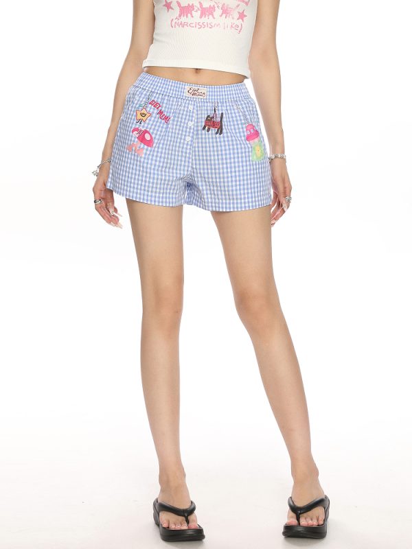 Plaid Cartoon Print Beach Shorts for Women - Summer Casual Versatile Hot Pants in Lazy Style, Y2K Inspired