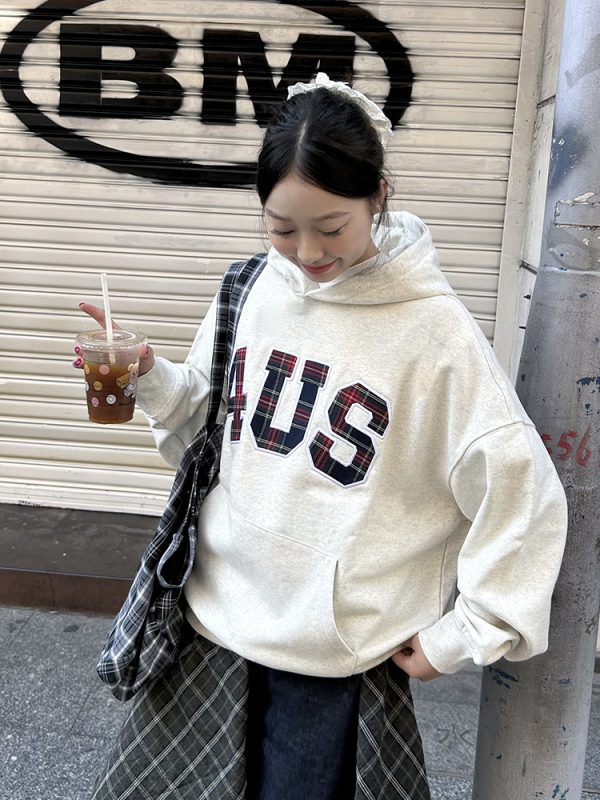 Plaid Embroidery Hoodie for Men and Women - Loose Fit, National Trend, Autumn Winter Fashion, Couples Style