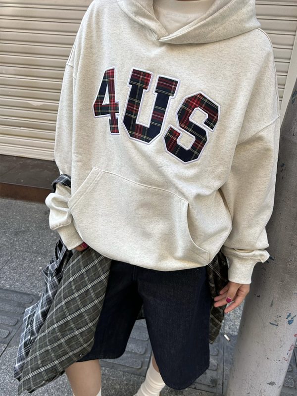 Plaid Embroidery Hoodie for Men and Women - Loose Fit, National Trend, Autumn Winter Fashion, Couples Style