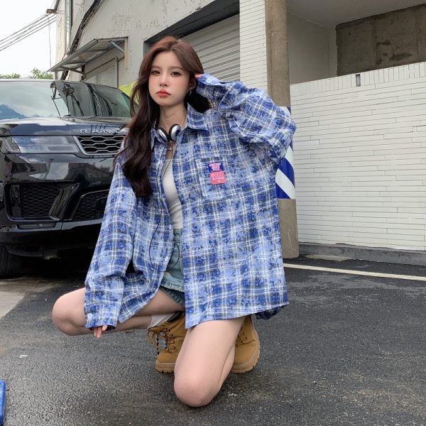 Plaid Long Sleeve Shirt for Women - Lazy Style Loose Fit Casual Blouse, Autumn Design, Niche Print Boyfriend Top