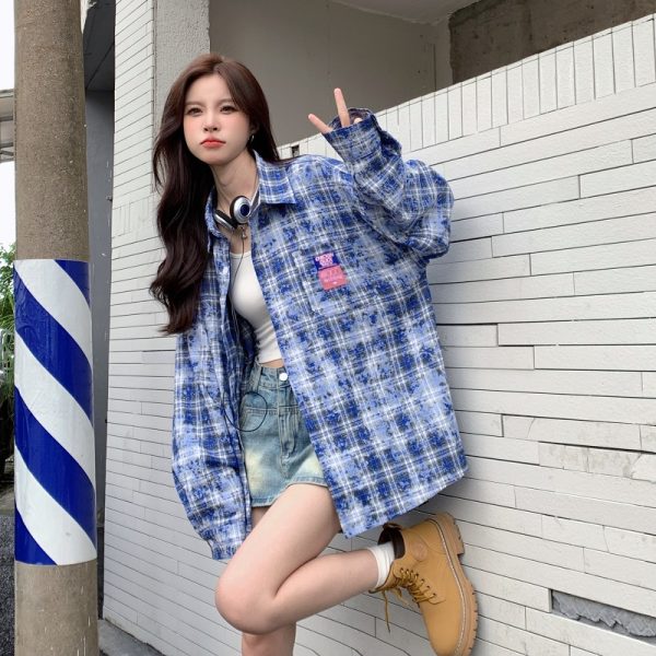 Plaid Long Sleeve Shirt for Women - Lazy Style Loose Fit Casual Blouse, Autumn Design, Niche Print Boyfriend Top