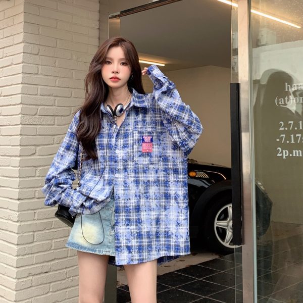 Plaid Long Sleeve Shirt for Women - Lazy Style Loose Fit Casual Blouse, Autumn Design, Niche Print Boyfriend Top