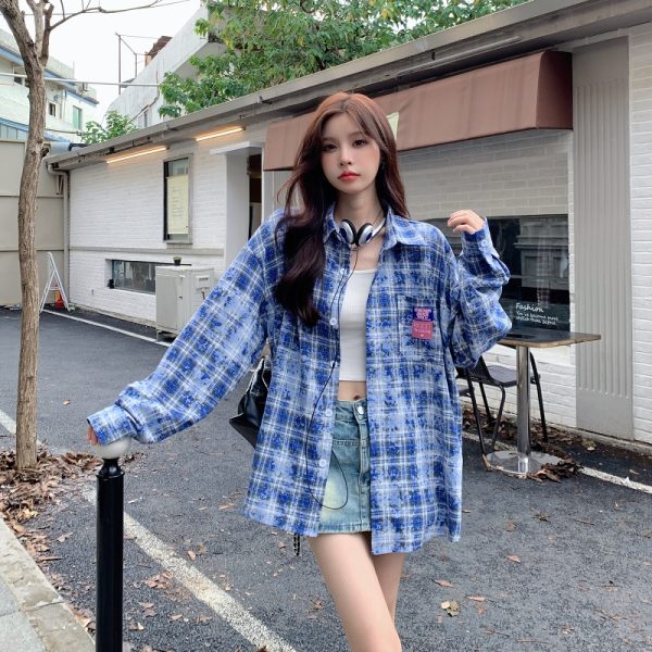 Plaid Long Sleeve Shirt for Women - Lazy Style Loose Fit Casual Blouse, Autumn Design, Niche Print Boyfriend Top