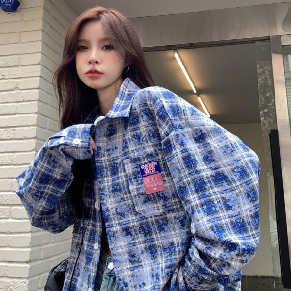 Plaid Long Sleeve Shirt for Women - Lazy Style Loose Fit Casual Blouse, Autumn Design, Niche Print Boyfriend Top