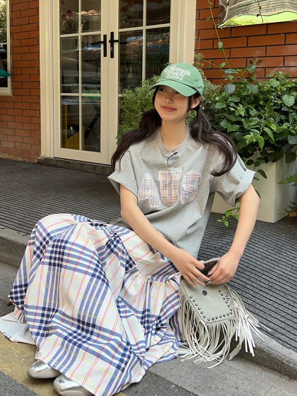 Plaid Patch Embroidery Couples Loose T-Shirt - Spring Summer National Trend Short Sleeve Fashion Top