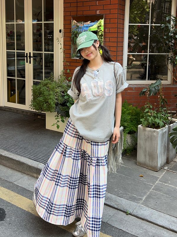 Plaid Patch Embroidery Couples Loose T-Shirt - Spring Summer National Trend Short Sleeve Fashion Top