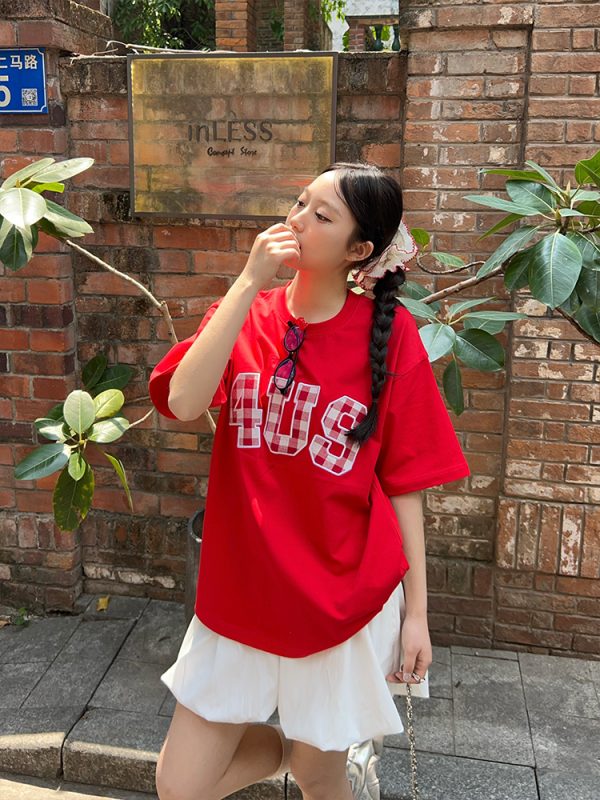 Plaid Patch Embroidery Loose Base T-Shirt for Couples - Spring Summer National Trend Short Sleeve Top